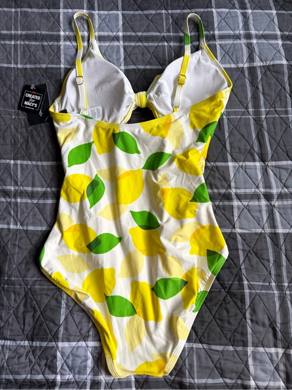 Kate Spade Lemon-Print Tank Swimsuit Green Leaves, Front Tie, Shirred NWT Sz M